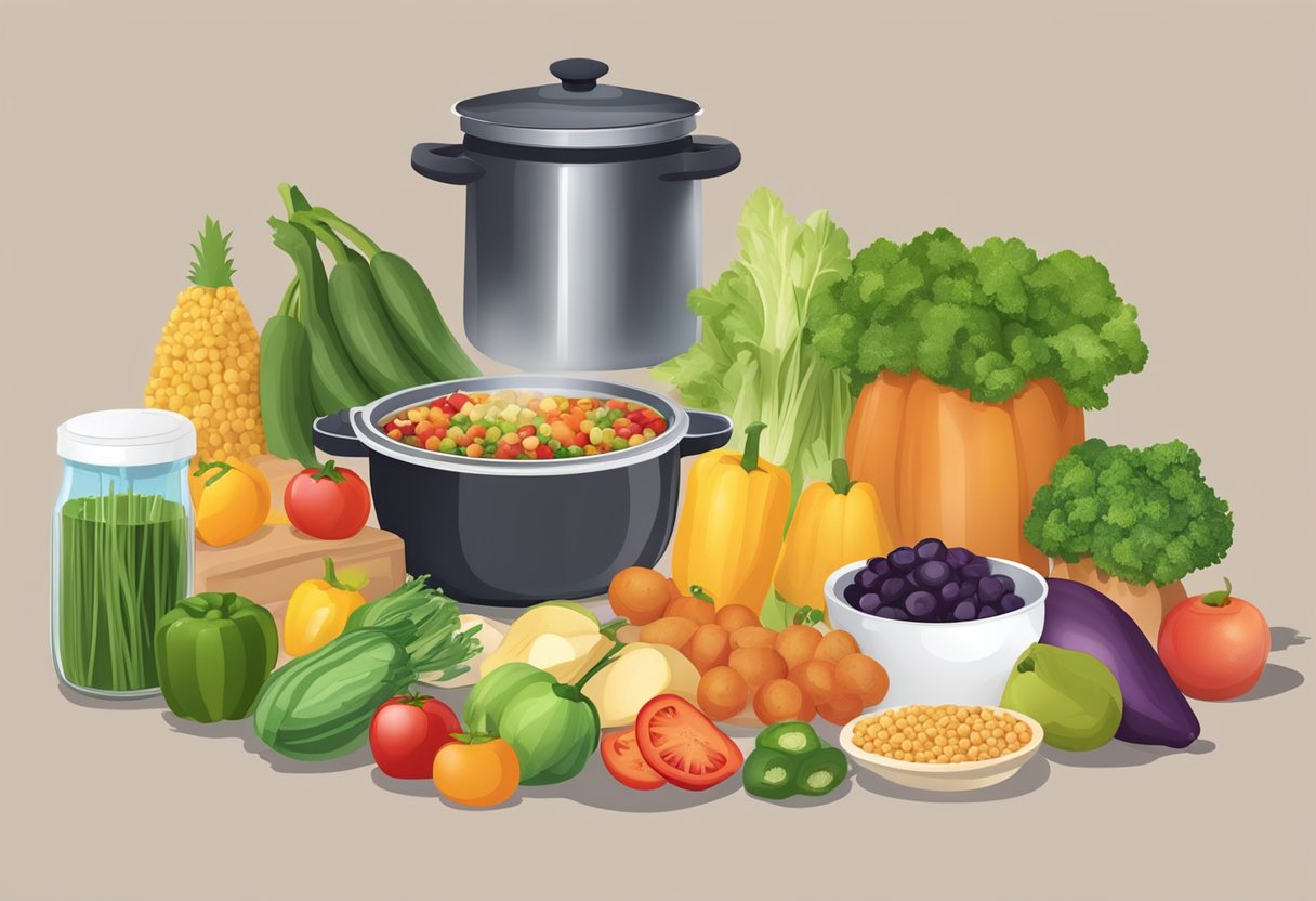 A table set with colorful fruits, vegetables, grains, and lean proteins. A pot of soup simmering on the stove. A grocery bag filled with affordable, nutritious ingredients