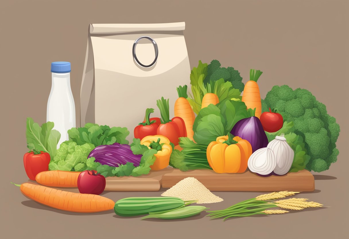 A table with fresh vegetables, grains, and lean proteins. A grocery bag with affordable ingredients. A calculator showing cost savings