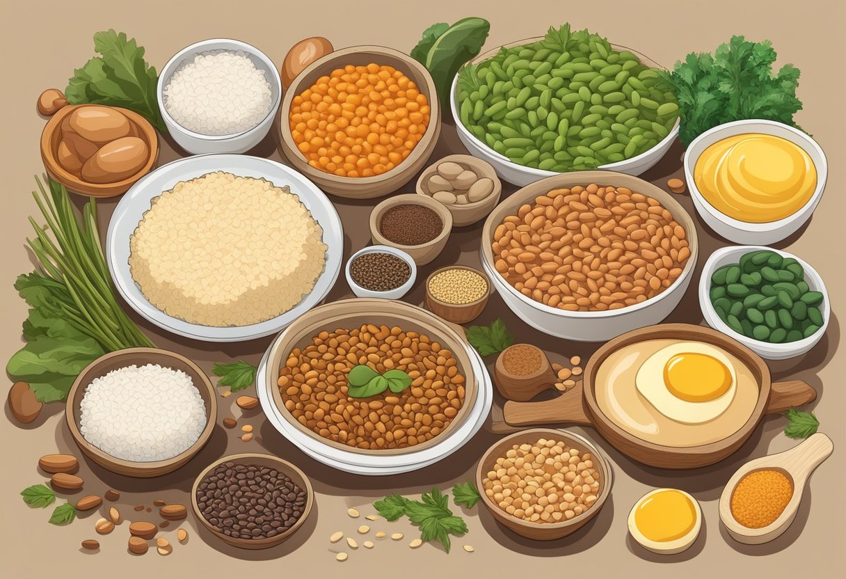 A table with assorted protein-rich foods, such as beans, lentils, chicken, and eggs, surrounded by budget-friendly ingredients like rice, vegetables, and spices