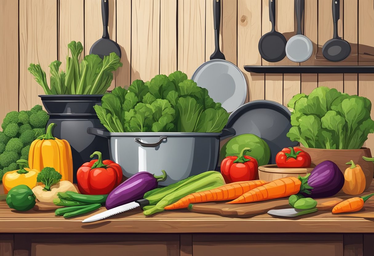 A colorful array of fresh vegetables arranged on a rustic wooden table, surrounded by pots and pans. A chef's knife and cutting board sit nearby, ready for meal preparation