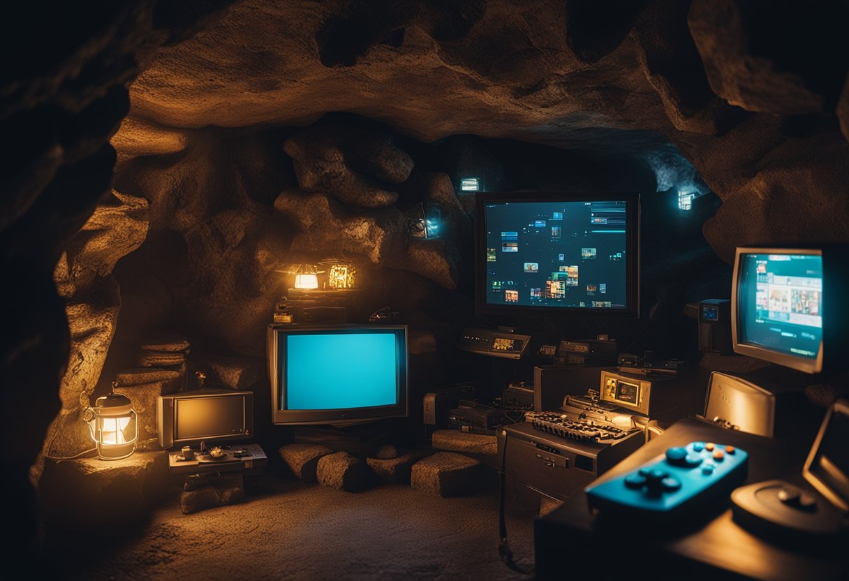 A dimly lit cave reveals a treasure trove of forgotten indie games, with glowing screens and scattered game controllers