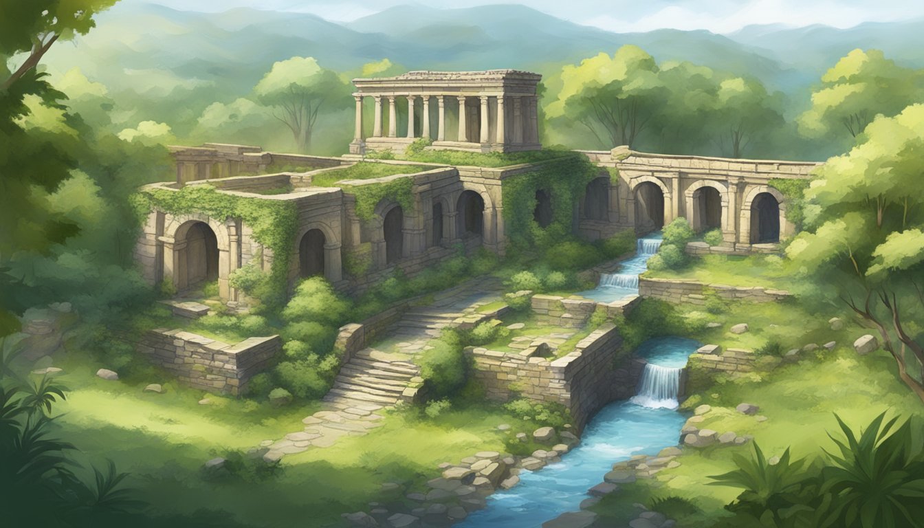 Ancient ruins nestled among lush greenery, with a gentle stream flowing nearby. A sense of history and preservation evident in the care taken to maintain the site