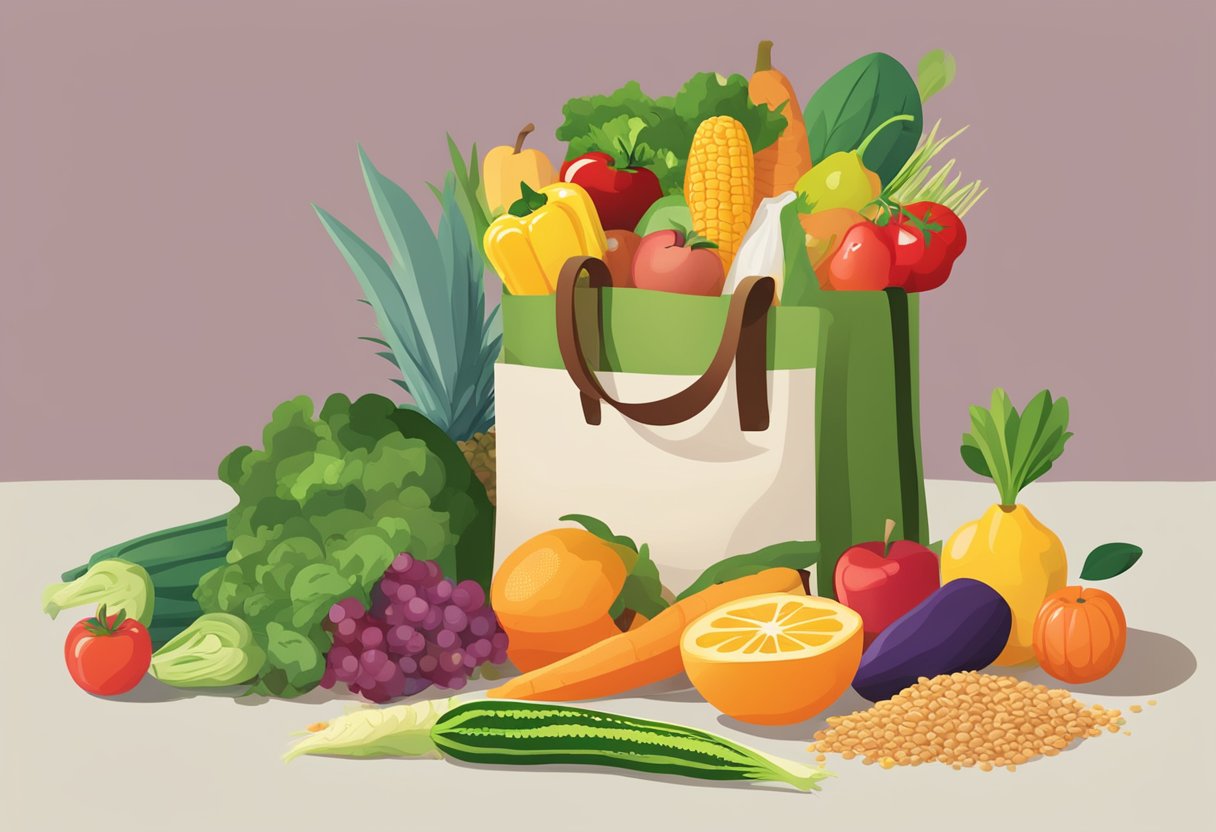 A colorful array of fresh fruits and vegetables spilling out of a grocery bag, alongside whole grains and lean proteins, with a cookbook open to a page of delicious, budget-friendly recipes