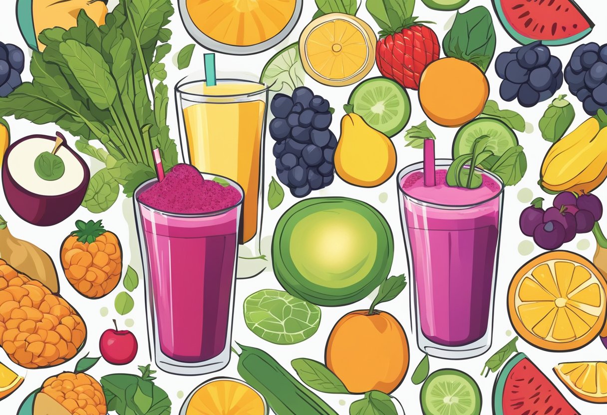 A colorful array of fruits and vegetables, a blender, and a glass filled with a vibrant, nutrient-packed smoothie