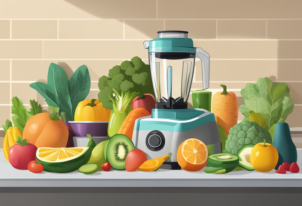 A colorful array of fresh fruits and vegetables, a blender, and a variety of superfood powders and supplements arranged on a kitchen counter