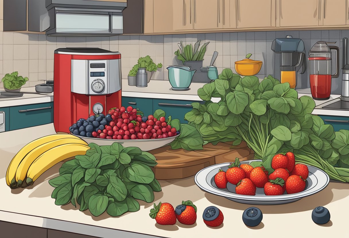 A hand reaches for ripe berries, bananas, and spinach on a kitchen counter, surrounded by recipe books and a blender