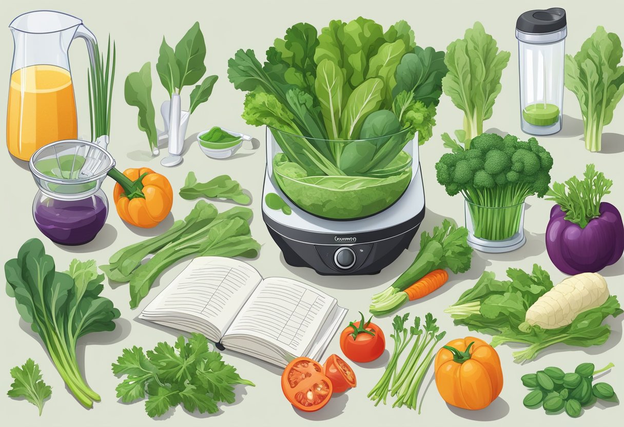 A variety of fresh greens and vegetables arranged around a blender, with recipe books and measuring cups nearby