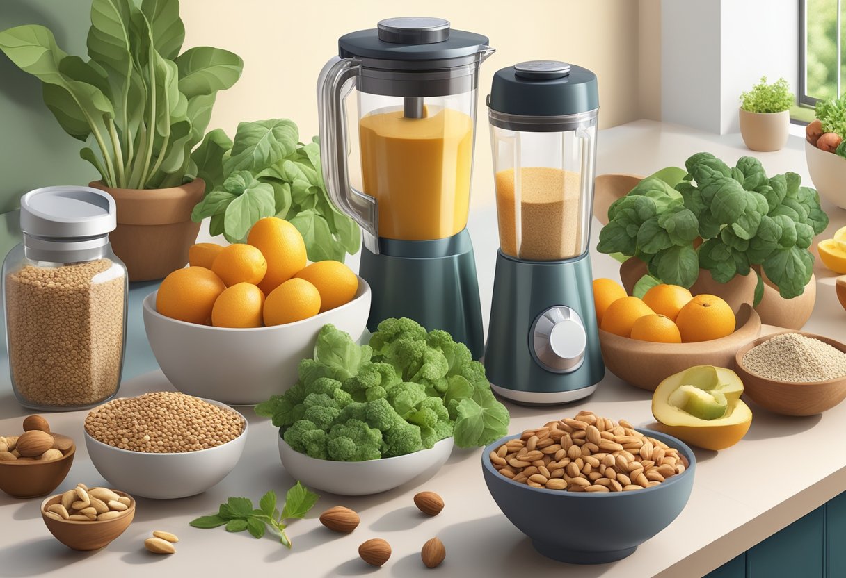 A variety of plant-based protein sources, including nuts, seeds, and leafy greens, are arranged on a kitchen counter alongside colorful fruits and a blender