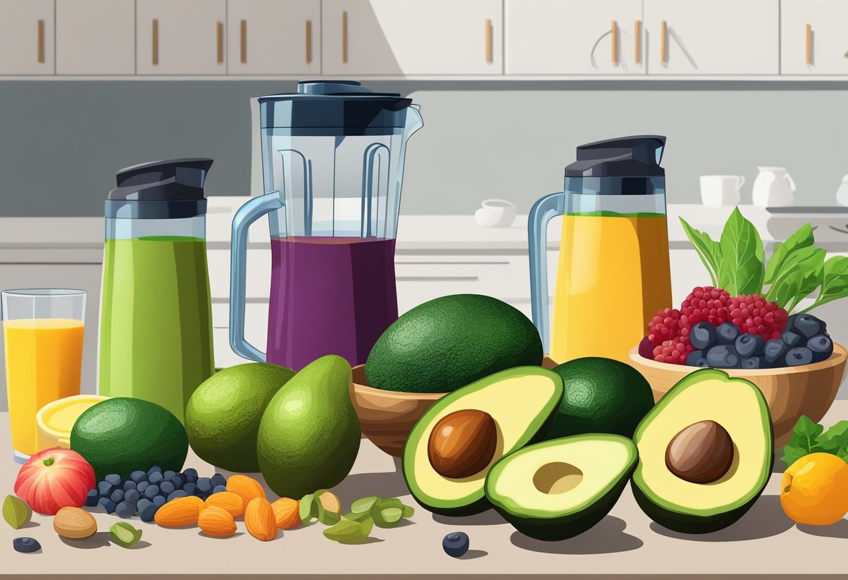 A variety of healthy fats such as avocados, nuts, and seeds are laid out on a kitchen counter next to a blender filled with vibrant fruits and vegetables for making nutritious smoothies