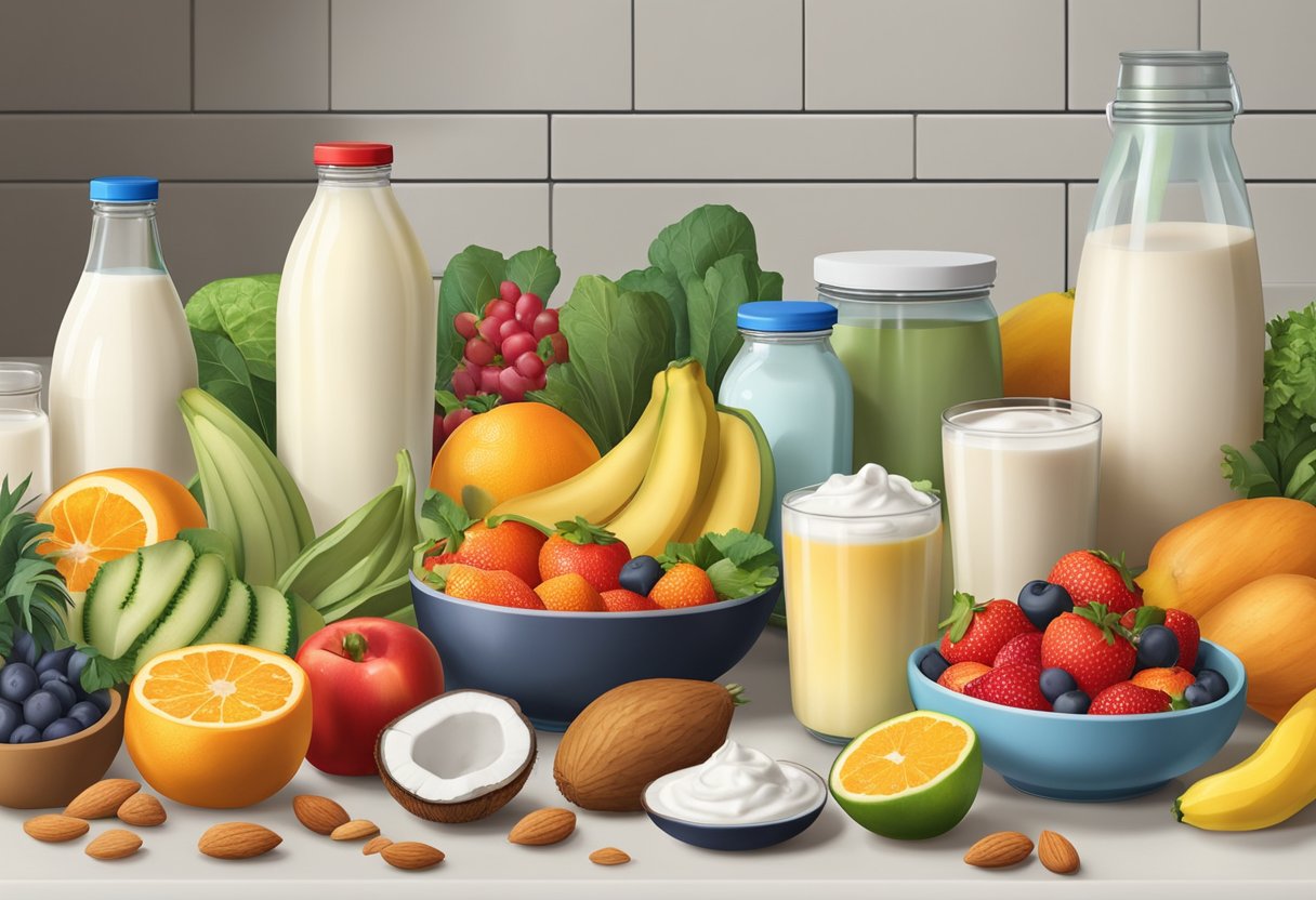 A colorful array of fresh fruits and vegetables, surrounded by bottles of almond milk, coconut water, and yogurt, all arranged on a kitchen counter