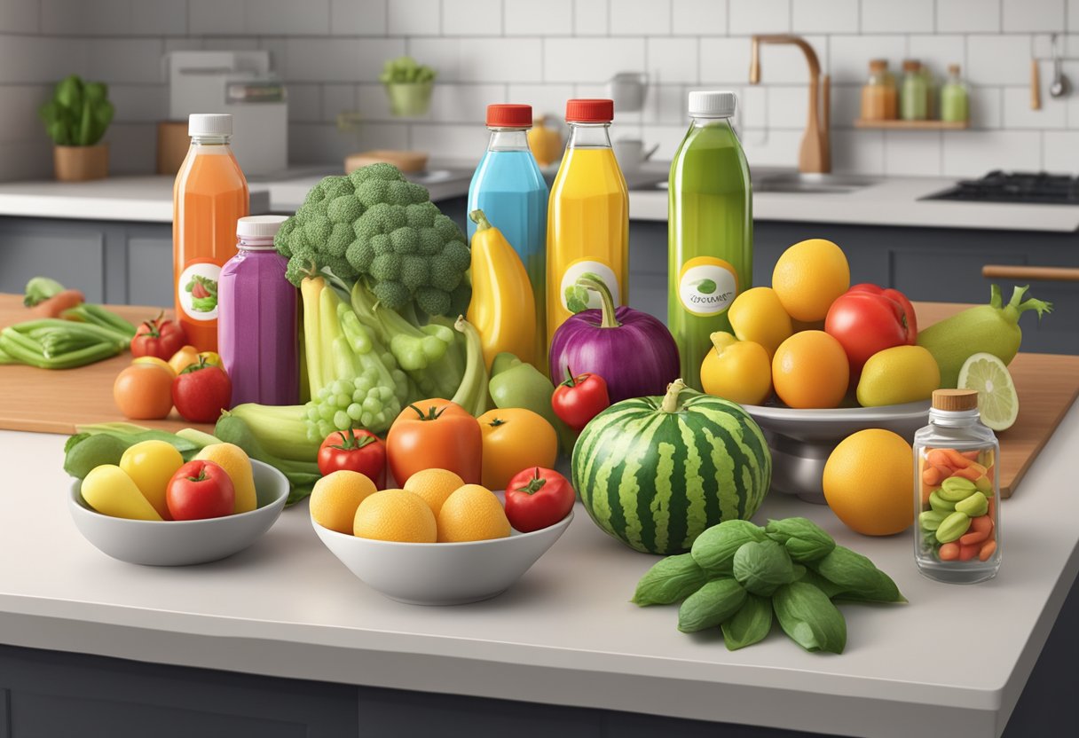 A colorful array of fresh fruits and vegetables, alongside bottles of low-calorie sweeteners, arranged on a kitchen counter