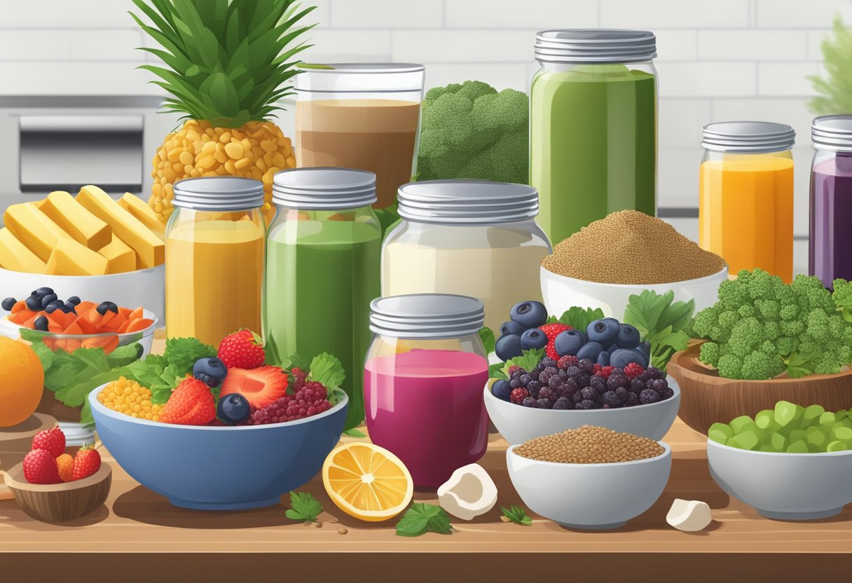 A variety of superfoods and nutrient-rich add-ins are arranged on a kitchen counter, ready to be blended into healthy smoothies for weight loss