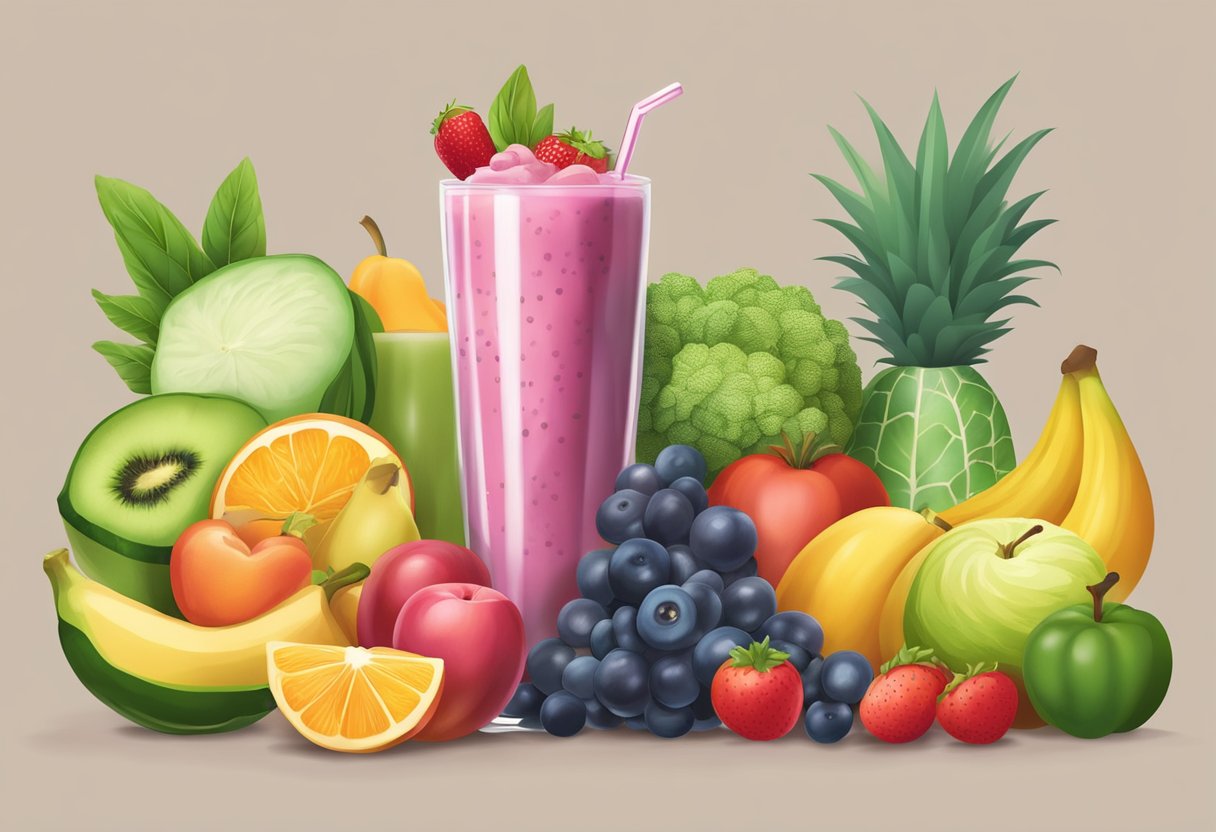 A variety of fruits and vegetables are piled high, ready to be blended into thick and textured healthy smoothies for weight loss