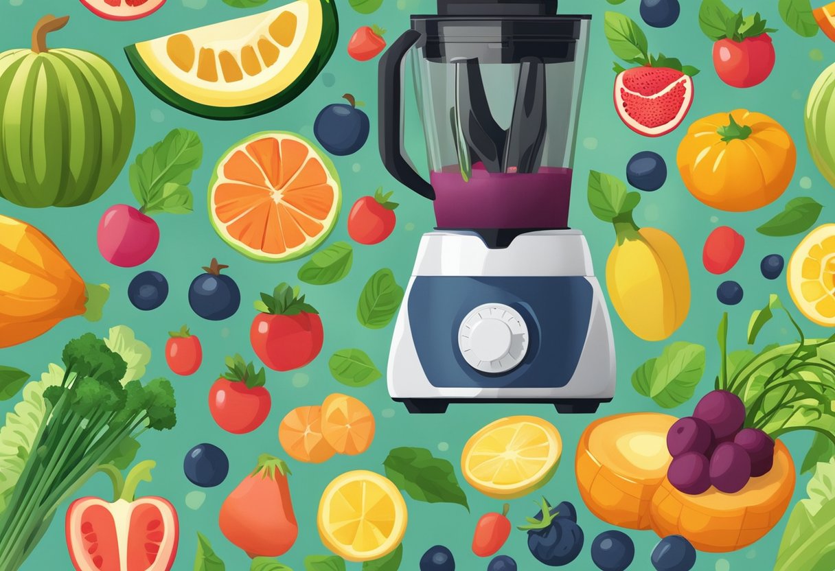 A colorful array of fresh fruits and vegetables, a blender, and a variety of superfood ingredients arranged on a kitchen counter