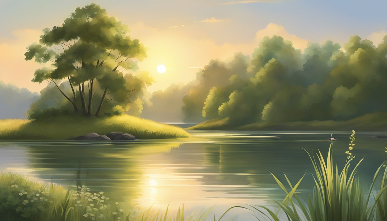 A serene lake surrounded by lush greenery, with a fishing rod and tackle box set up on the shore. A gentle breeze ripples the water, and the sun casts a warm glow over the landscape