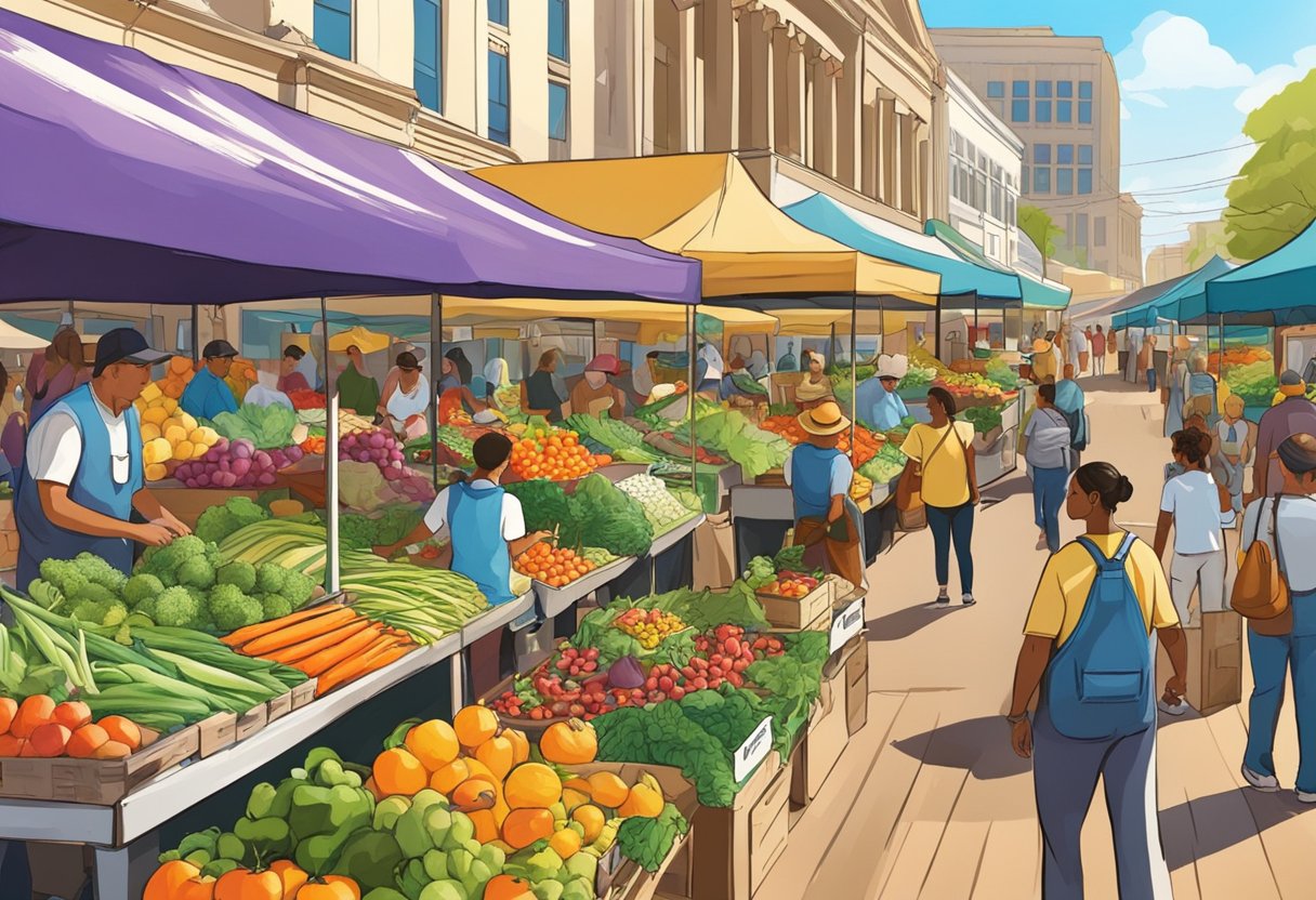 Vibrant farmers market stalls with colorful, fresh produce and bustling crowds in sunny San Diego