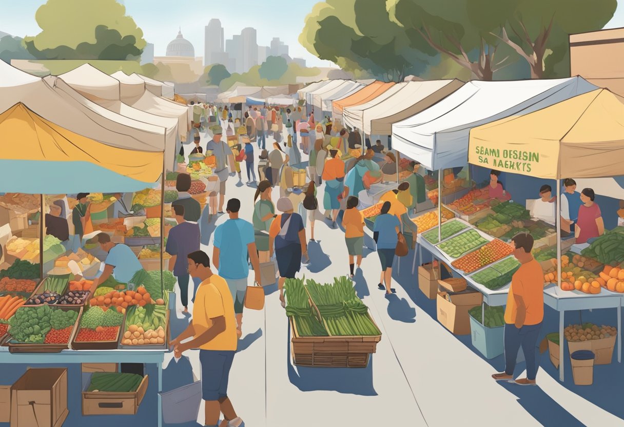 A bustling scene at San Diego farmers markets, with colorful stalls showcasing fresh, local produce and vendors interacting with eager customers