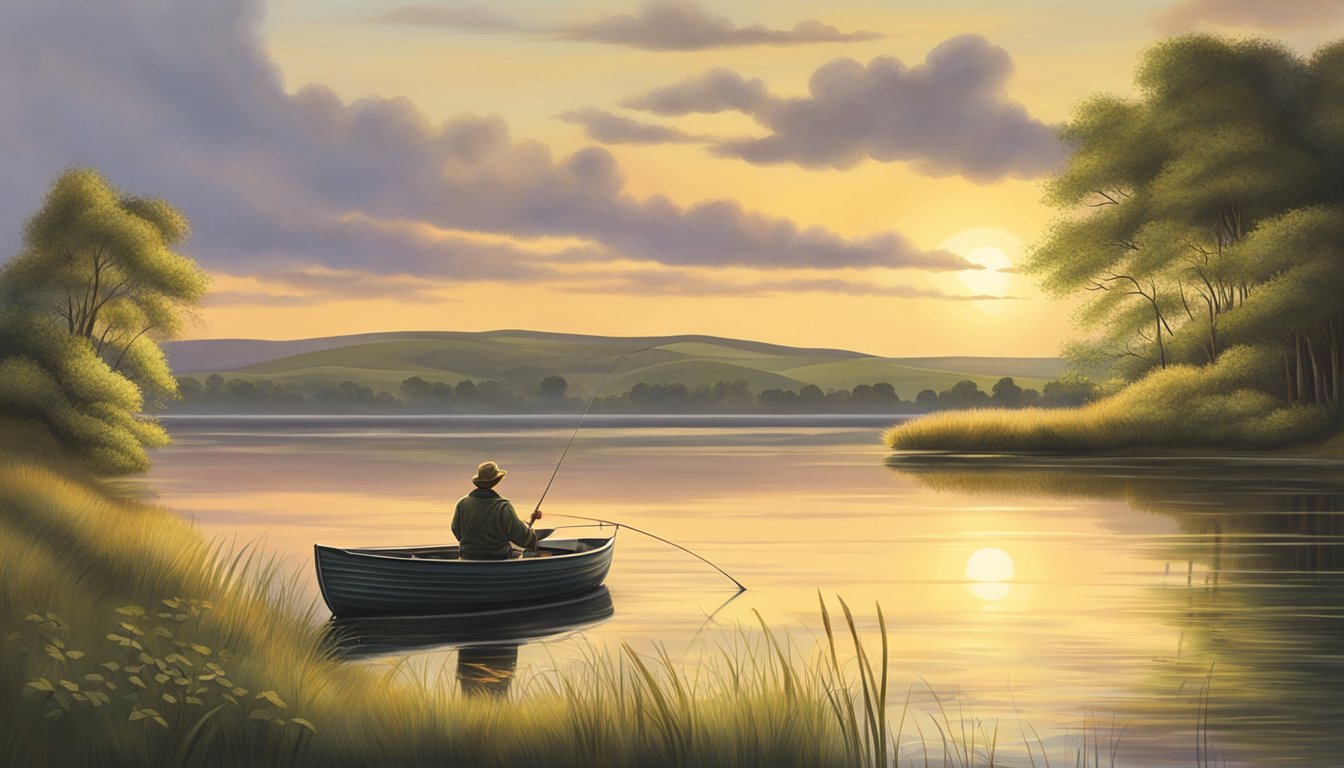 The sun sets over Lough Muckno, casting a golden glow on the tranquil waters. A lone angler casts their line from the shore, surrounded by lush greenery and the peaceful sounds of nature