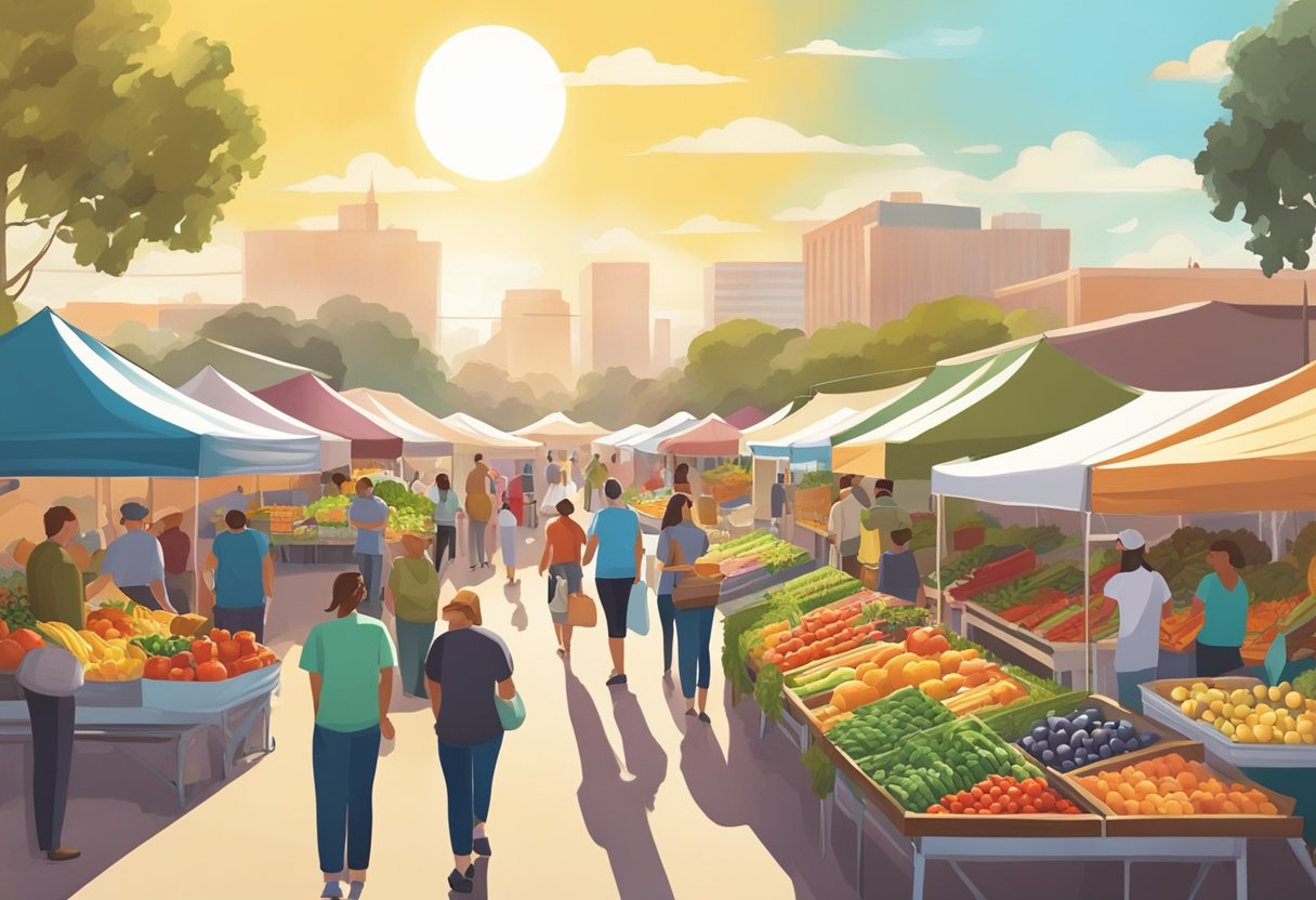 Vibrant farmers market with colorful stalls, ripe fruits, and fresh vegetables. Local vendors display their best produce under the sunny San Diego sky