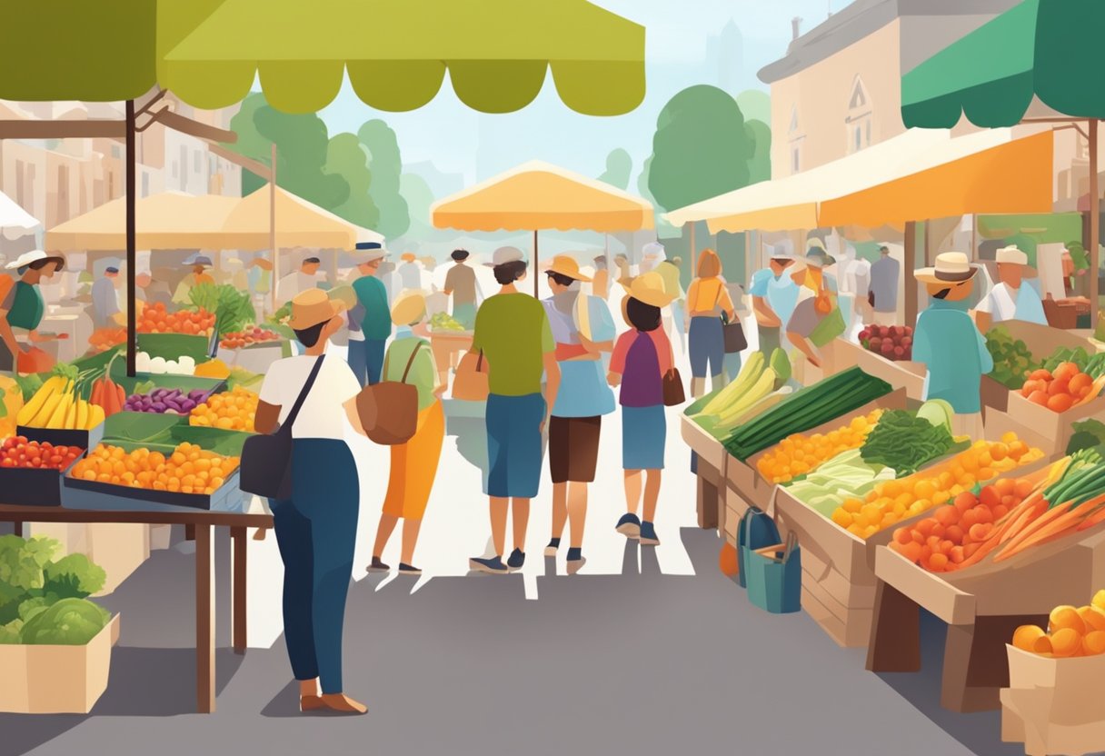 A bustling farmers market with colorful stalls and a variety of fresh fruits and vegetables. People browsing and chatting with vendors. Bright sunshine and a lively atmosphere