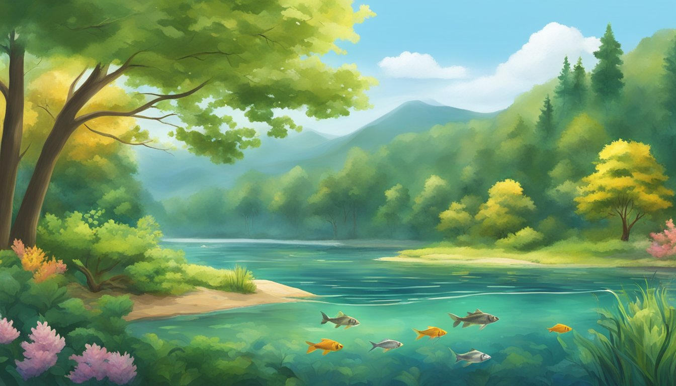 A serene lake surrounded by lush greenery, with a variety of fish species swimming in the clear water. The changing seasons are depicted through the different colors of the trees and the changing weather