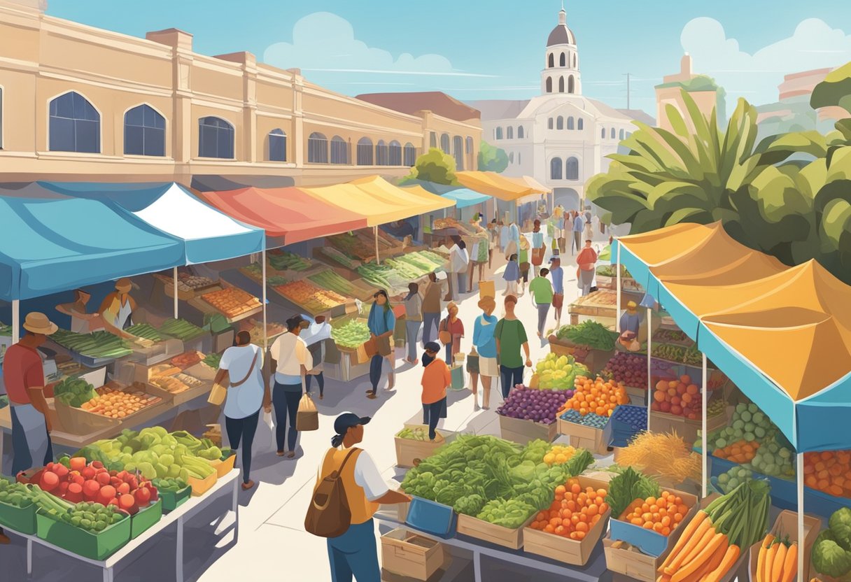 A bustling farmers market with colorful stalls, fresh produce, and eco-friendly practices. Shoppers browse organic options under sunny skies in San Diego