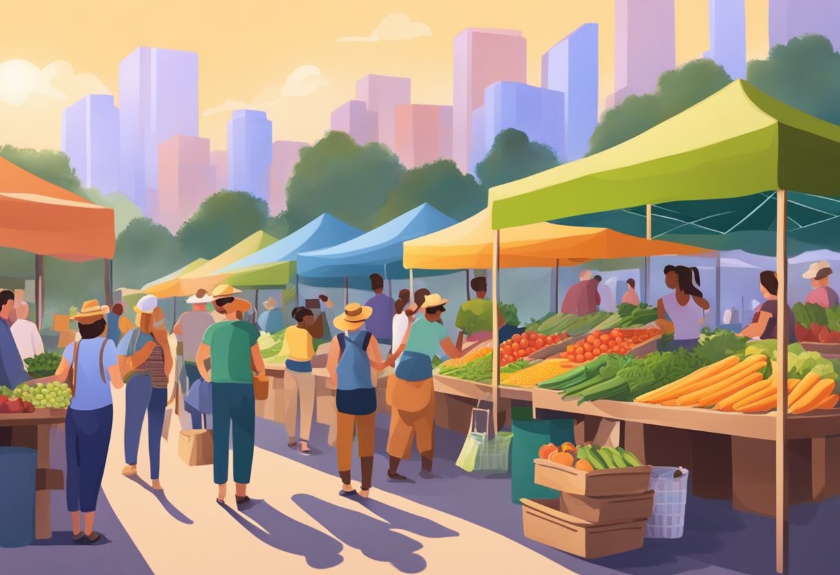 Vibrant farmers market with colorful stalls and fresh produce. Families and friends gather, enjoying live music and sampling local goods