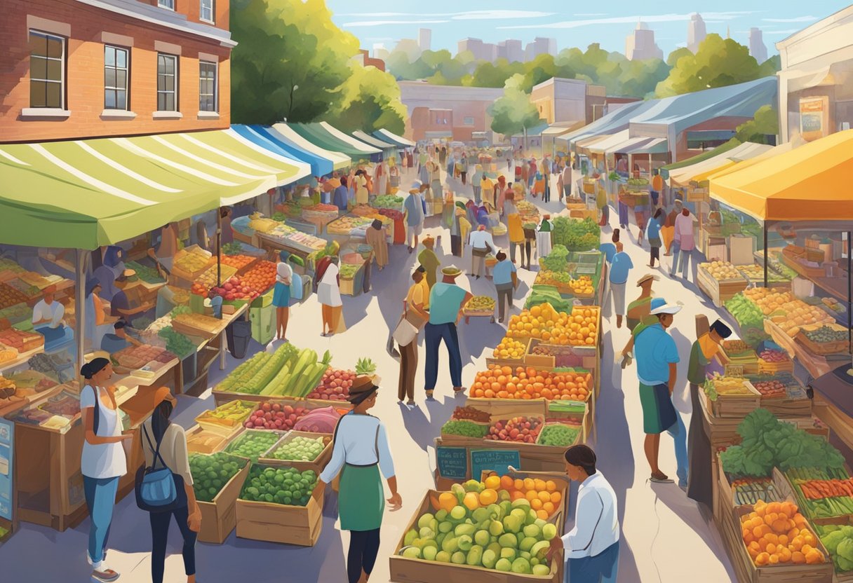 A bustling farmers market with colorful stalls overflowing with fresh, local produce. Shoppers browse the array of fruits, vegetables, and artisanal goods, while vendors chat and offer samples. The sun shines overhead, creating a vibrant and lively atmosphere