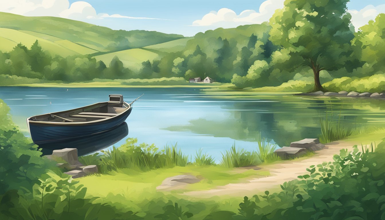 A serene lake surrounded by lush greenery, with a fishing boat docked at the shore. A sign nearby displays "Best Fishing Spot in County Monaghan"