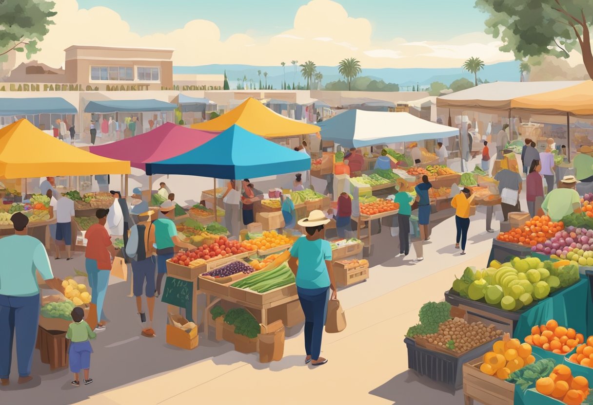 A bustling farmers market in San Diego, with colorful stalls and fresh produce. Open-air setting with a variety of fruits, vegetables, and artisan goods