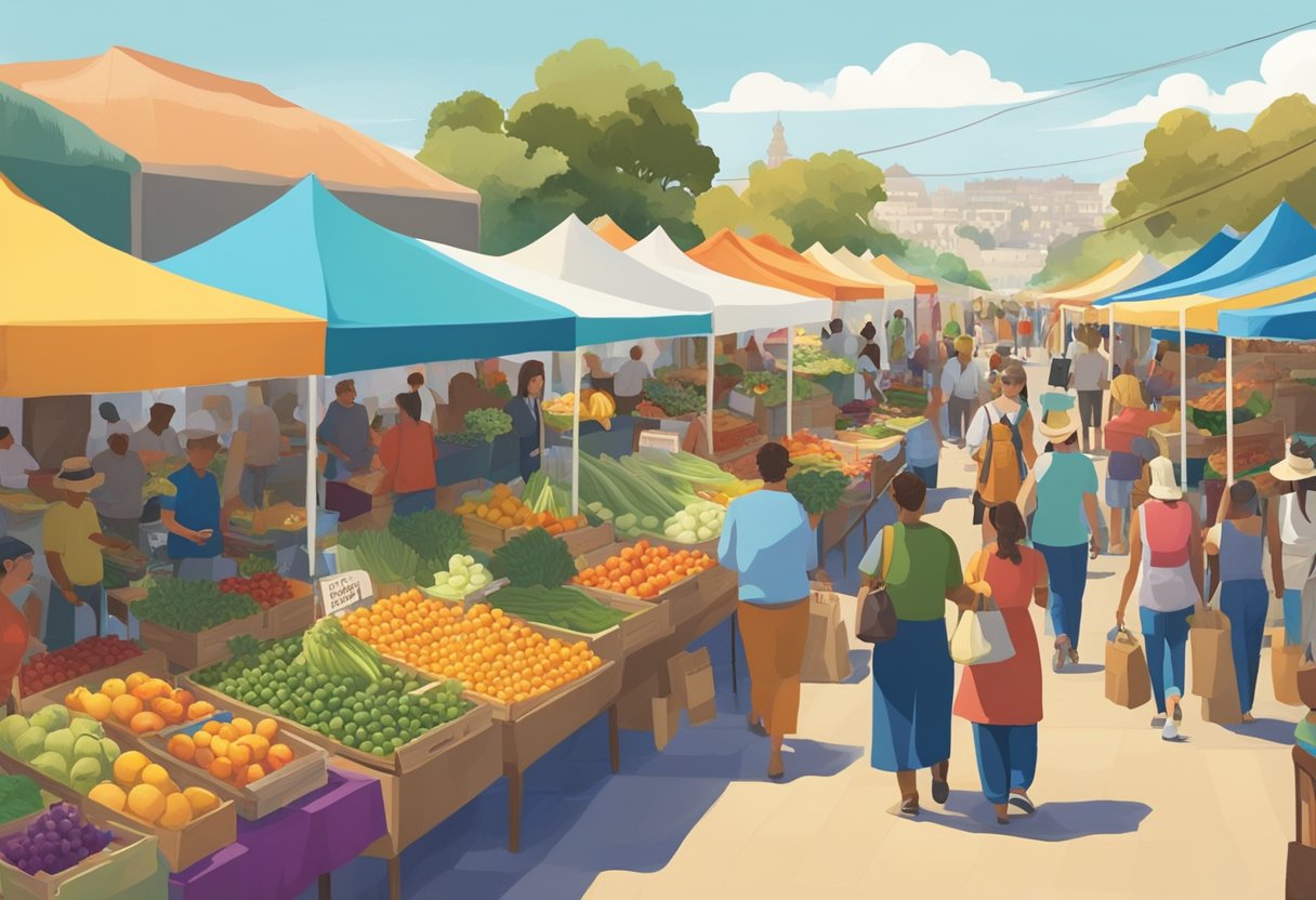 A bustling farmers market with colorful stalls selling fresh, local produce. Shoppers browse through an array of fruits, vegetables, and artisanal goods under the sunny San Diego sky