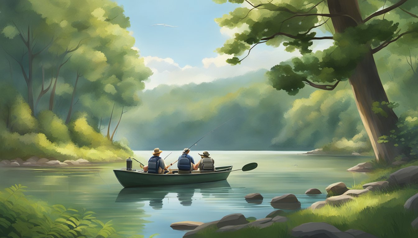 A serene lake surrounded by lush greenery, with fishing rods and tackle boxes scattered along the shore. A group of anglers can be seen casting their lines into the calm waters