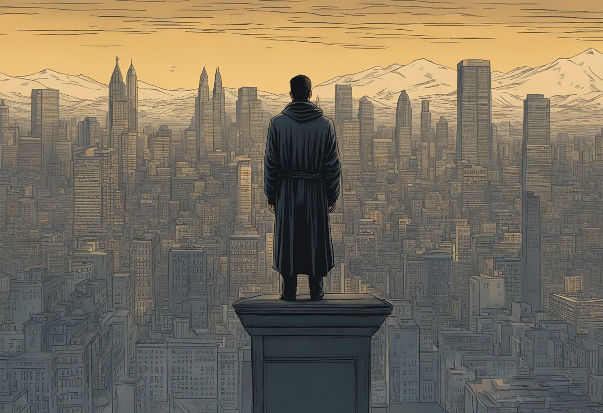 A dark figure looms over a city skyline, casting an ominous shadow. The Zodiac Killer's cryptic symbols are etched into the background, leaving an unsettling impression on the viewer