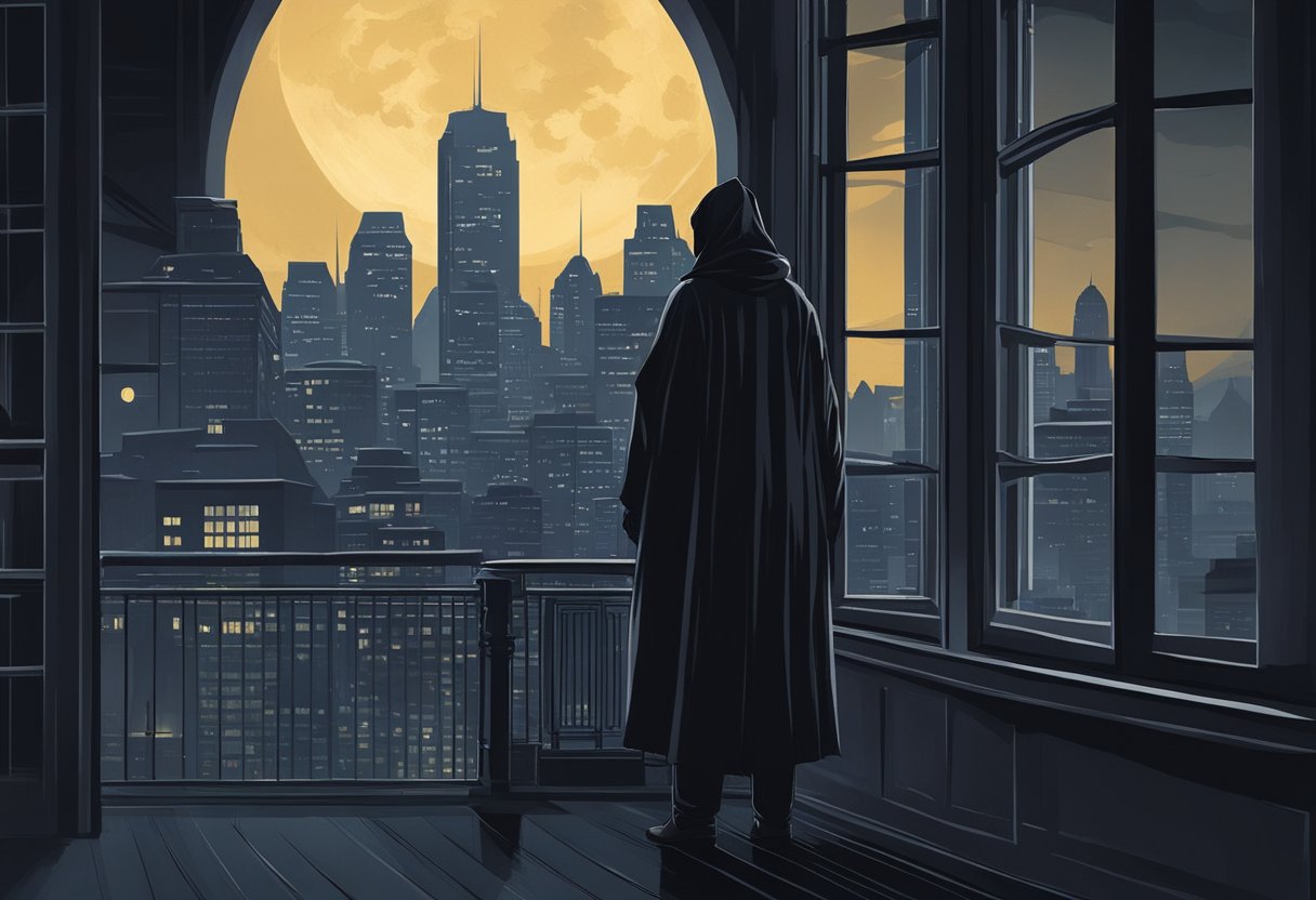 A dark figure lurks in the shadows, casting an ominous presence over the city skyline. The moonlight reflects off the windows, creating an eerie and unsettling atmosphere