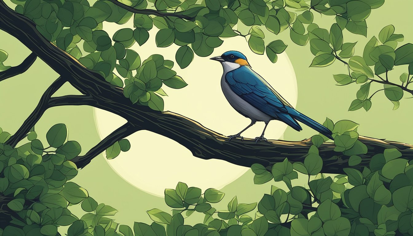 A bird perched on a tree branch, surrounded by lush greenery, with a spotlight shining on it. The scene is set in County Offaly, Ireland, showcasing the best spots for bird watching