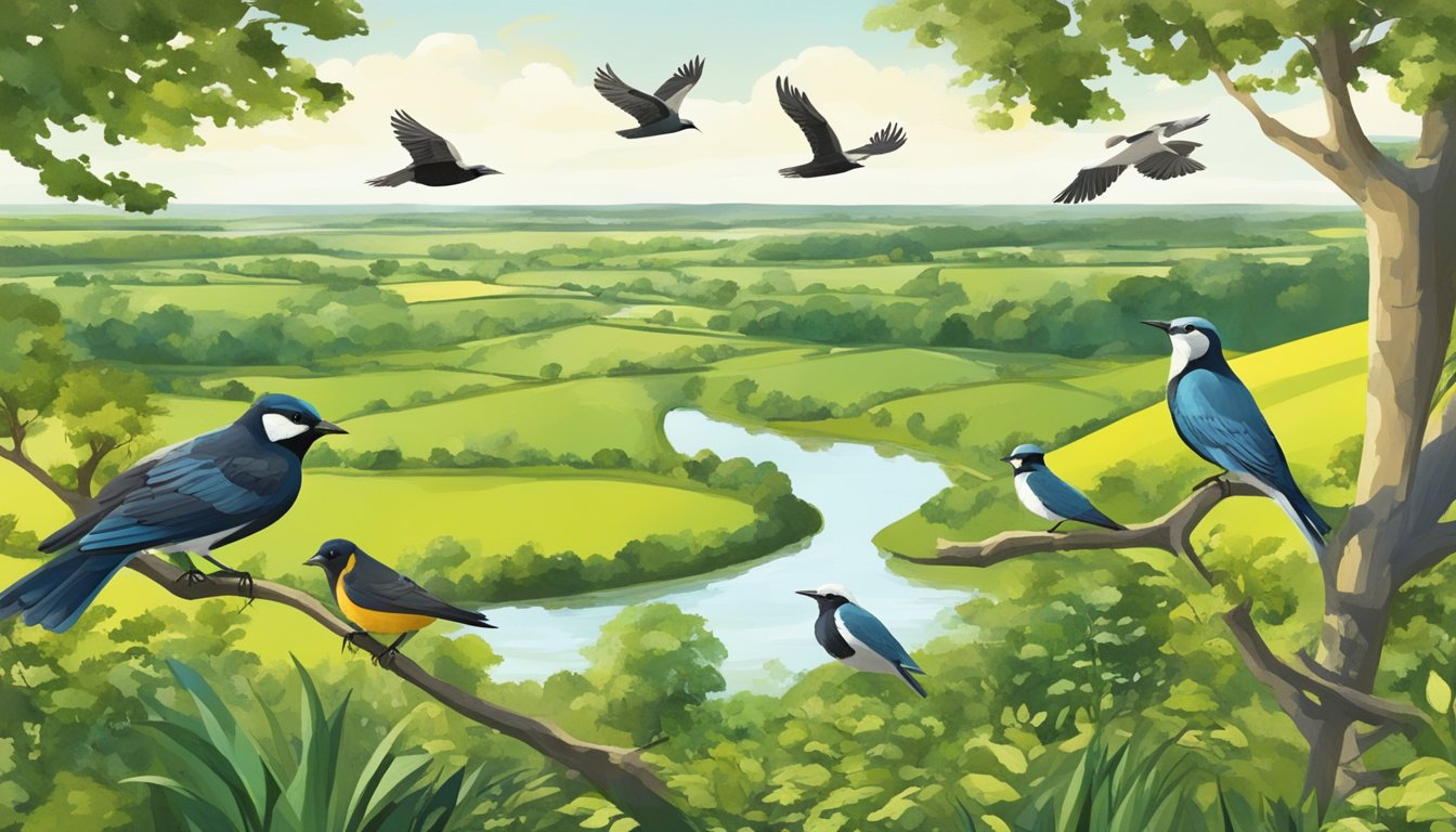 A group of birds perched on trees and flying over lush green landscapes in County Offaly, Ireland. Bird watchers with binoculars and cameras observe the diverse avian species