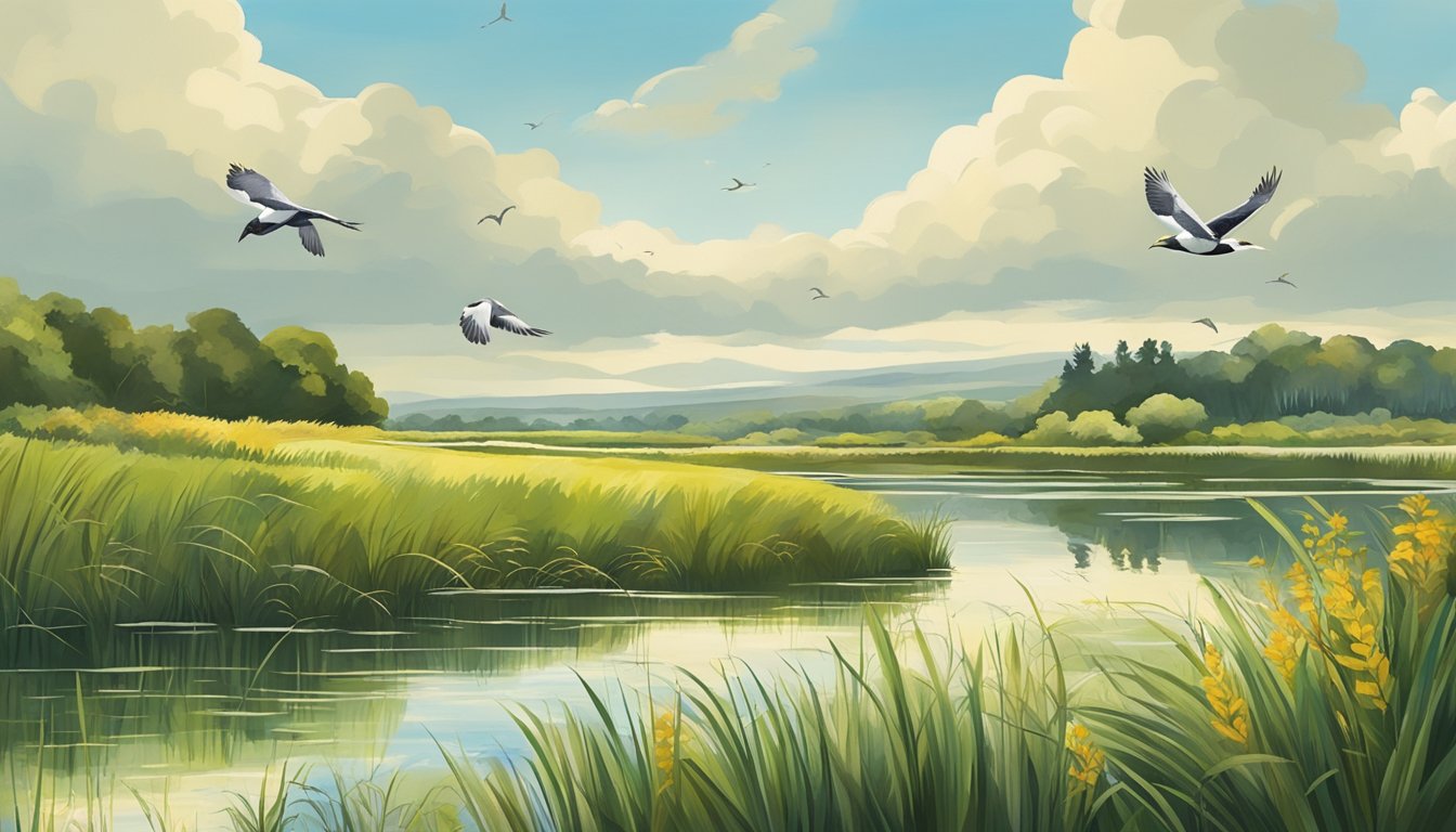 Birds soar over lush wetlands and serene lakes in County Offaly, Ireland. Conservationists and local wildlife organizations gather to observe and protect the diverse avian species in their natural habitat