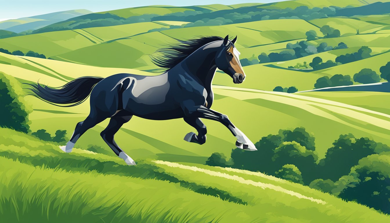 A horse gallops through lush green fields in the Irish countryside, with rolling hills and a clear blue sky in the background