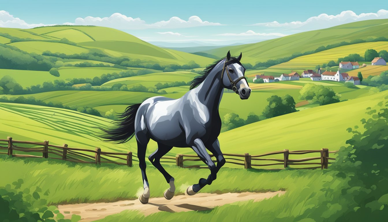 A horse trots through lush green fields, surrounded by rolling hills and a clear blue sky. A quaint Irish countryside village can be seen in the distance