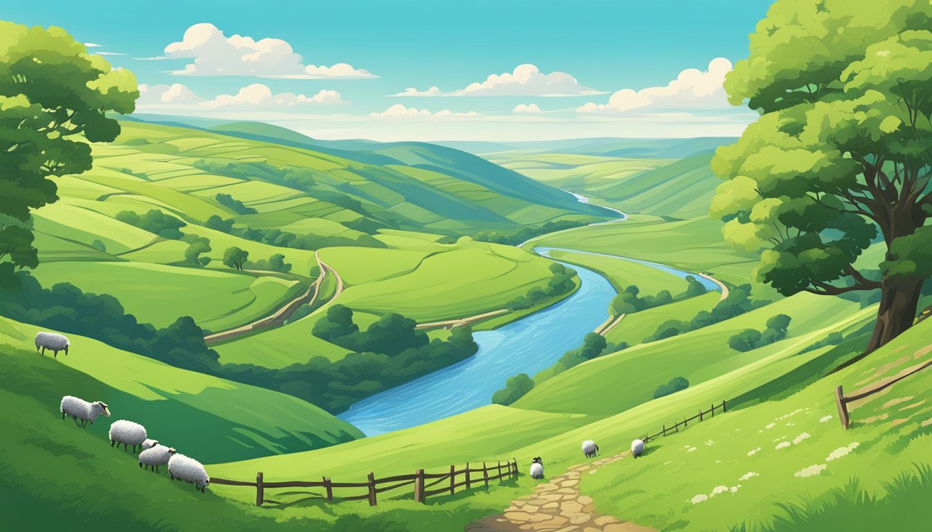 Lush green hills roll into the distance, dotted with ancient stone walls and grazing sheep. A winding river cuts through the landscape, reflecting the vibrant blue sky above