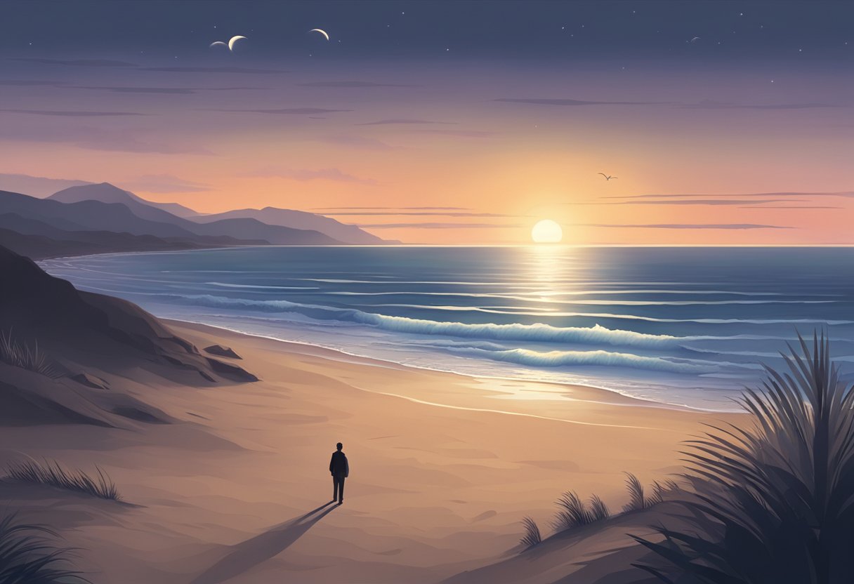 A beach at dusk, with a lone figure in the distance, overlooking the ocean. A sense of mystery and intrigue in the air