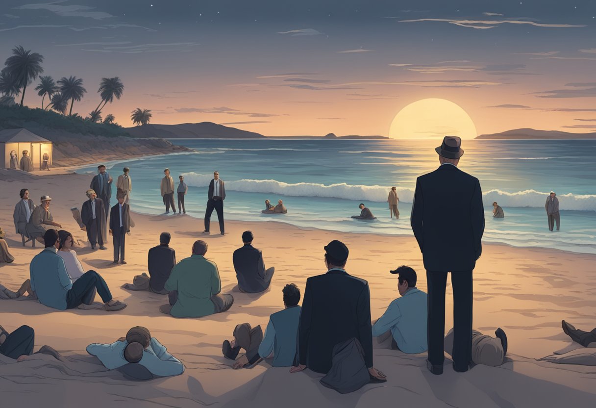 A beach at dusk, with a mysterious man lying motionless, surrounded by onlookers and investigators, all puzzled by his unknown identity and the mystery surrounding his death