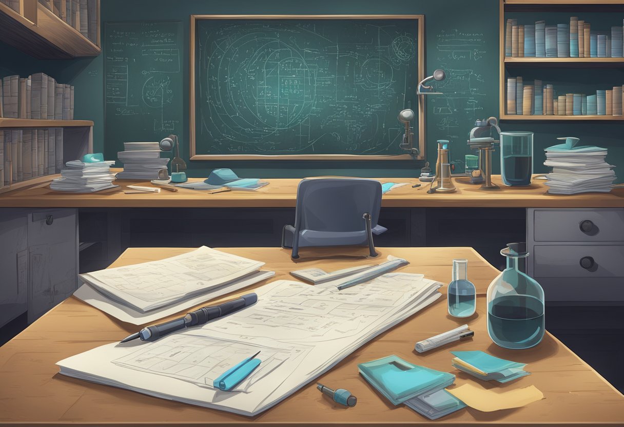 A lab table with forensic equipment, scattered papers, and a mysterious code written on a chalkboard