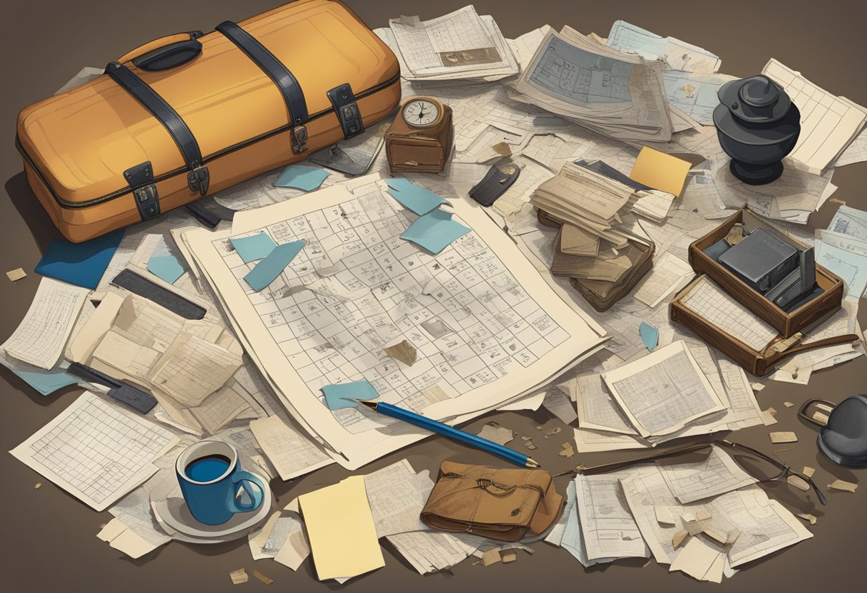 A cluttered desk with a half-finished crossword puzzle, a torn train ticket, and a cryptic note, surrounded by old photographs and a worn-out suitcase