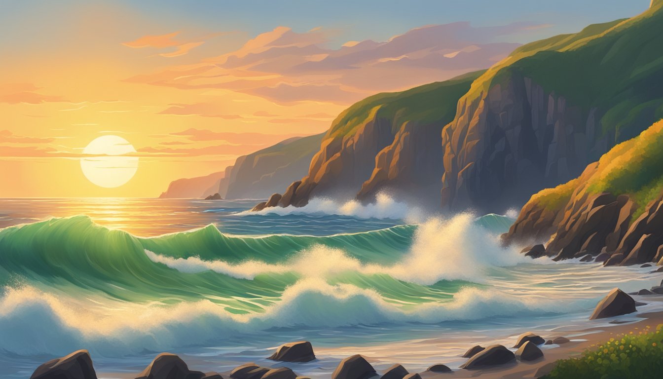 The sun sets over a rugged coastline, waves crashing against sheer cliffs. A secluded beach lies below, framed by towering sea stacks and rolling green hills