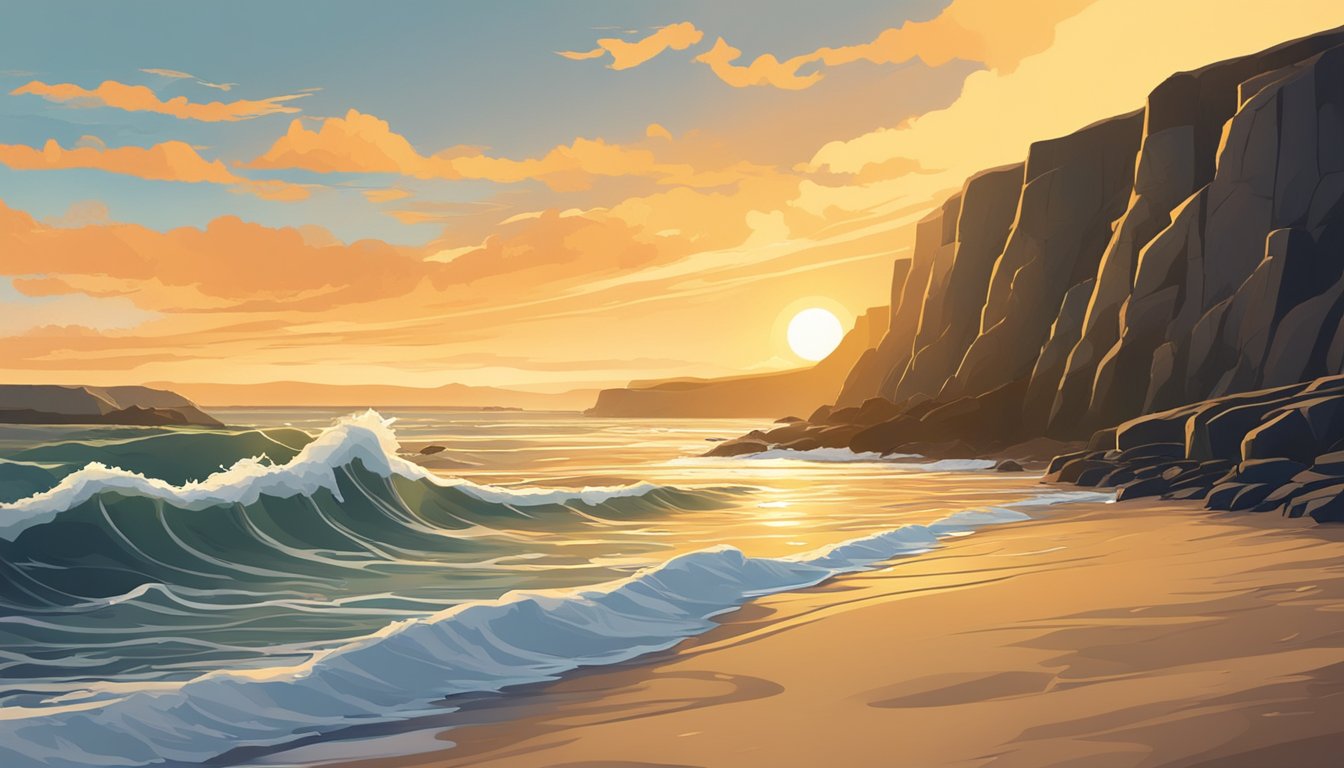 The sun sets over the rugged cliffs of the Wild Atlantic Way, casting a warm glow on the golden sands of Inch Beach. Waves crash against the shore, creating a mesmerizing rhythm