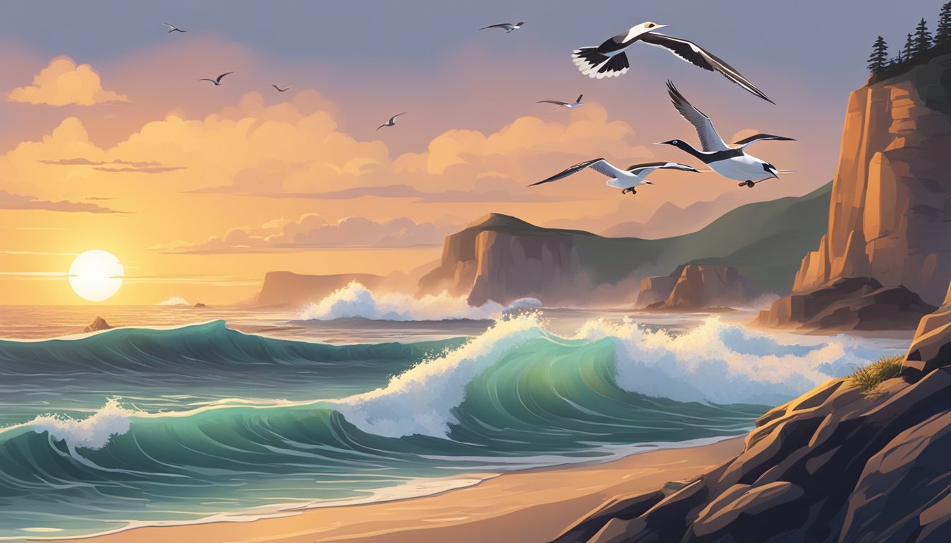 Sunset over a rugged coastline, waves crashing against cliffs. Seabirds soar above sandy coves and rocky outcrops. Surfers ride the waves, while hikers explore coastal trails