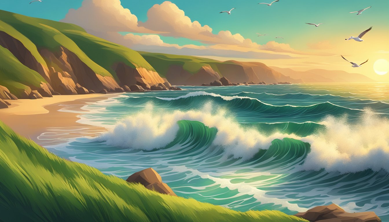 The sun sets over a rugged coastline, waves crashing against the cliffs. Seagulls soar above the sandy beaches, framed by vibrant green hills