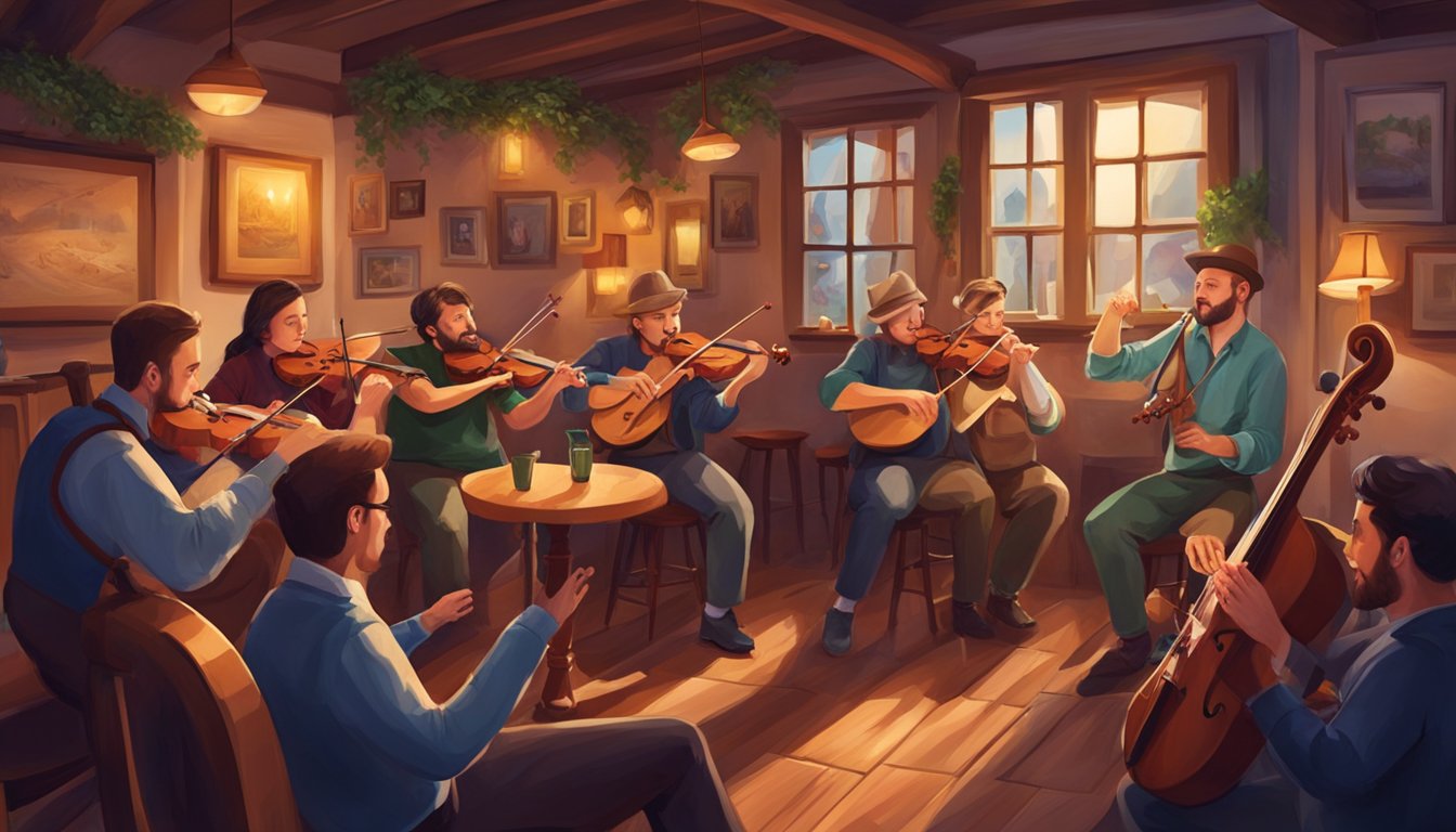 Vibrant traditional music session in a cozy pub, with musicians playing fiddles, flutes, and bodhráns. Audience clapping and tapping feet, enjoying the lively atmosphere