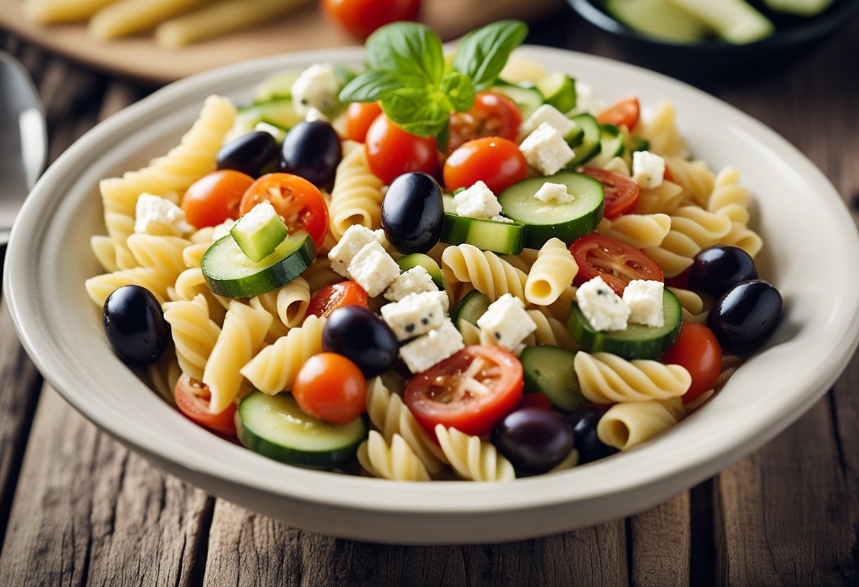 A bowl of pasta salad with tomatoes, cucumbers, feta cheese, and olives, tossed in a tangy vinaigrette, sitting on a wooden picnic table